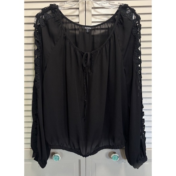 XOXO Tops - XOXO Chiffon Blouse Size L Long Sleeve Crochet Down Sleeves Elastic Hem